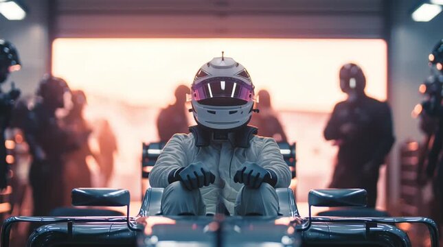 Formula 1 driver in white racing suit and helmet sitting in cockpit