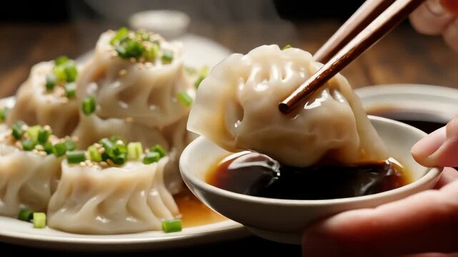 Steamed dumplings on plate with chopsticks and dipping sauce