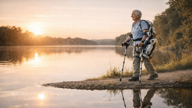Elderly exoskeleton suit enhancing mobility riverside park photography natural setting side view technology innovation