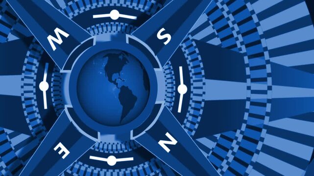 Compass globe with striped rings animation, Stylized compass with globe center and rotating striped rings, abstract modern design