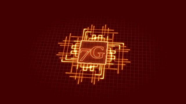 7G Network Technology Symbol with Orange Glowing Lines on a Red Grid animated Background communication