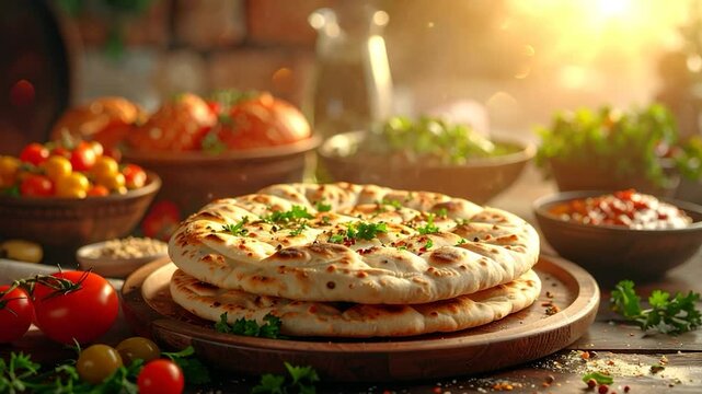 Flatbread with vegetables and bowls, outdoor sunlit table scene