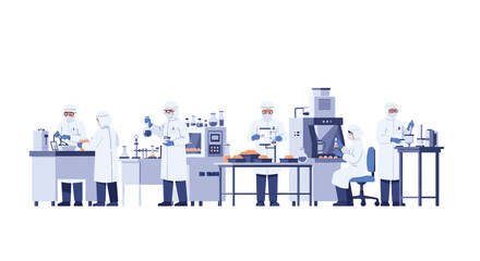 A team of scientists in full protective cleanroom suits and gear working with various equipment in a modern laboratory.