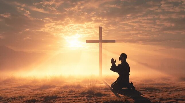 Man kneeling in prayer before cross at sunrise or sunset in field