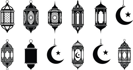 Ramadan islamic lantern silhouette set, crescent moon star arabic decorative hanging lights, ramadan kareem vector icon collection © MDTAHMID