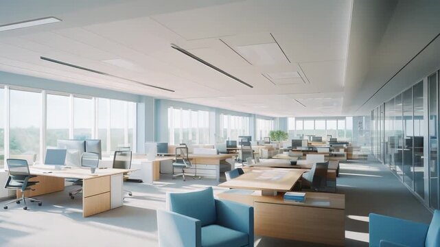 Bright and airy modern workspace featuring an open plan layout with multiple desks, computer monitors, ergonomic chairs, and comfortable seating areas, emphasizing business and productivity