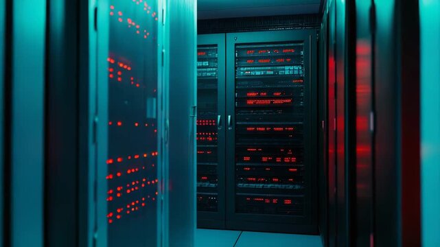 Server racks stretch through a modern data center, lights blinking as systems process and store cloud data, powering ai, networks, and high speed digital infrastructure