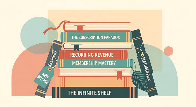 Colorful illustration of stacked books with business and marketing terms on spines in front of abstract shapes