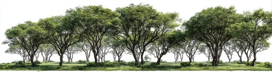 A row of large, leafy green trees with a white background