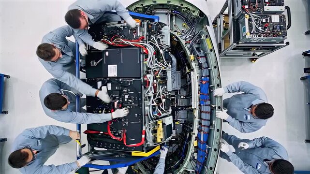 aerospace technicians assembling jet fuselage component, intricate wiring harnesses, avionic modules installation, clean assembly bay with overhead view and teamwork coordination