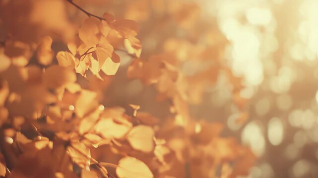 Autumn leaves changing color and glowing with golden sunlight, creating a warm, soft focus background texture suitable for seasonal designs and natural themes