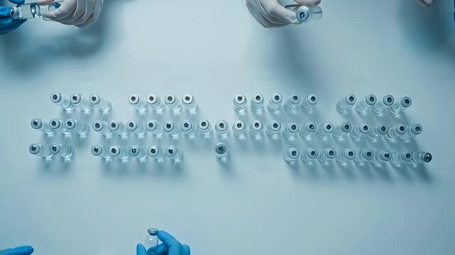 overhead view of vials laid out in precise array, gloved hands handling caps and labels, sterile lab environment, sorting and sampling for quality control in biopharma production