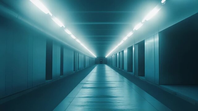 Industrial corridor filled with atmospheric mist and bright linear overhead lights creating a futuristic and eerie tunnel, leading viewers into an uncertain depth