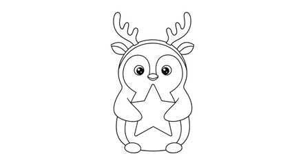 Fototapeta premium Cute penguin character wearing reindeer antlers and holding a large star offers a charming and festive line art illustration for winter holidays.
