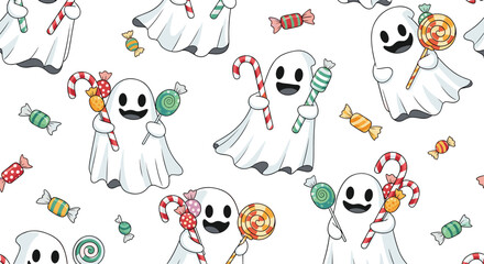 Obraz premium Playful ghosts holding lollipops and candy canes in a seamless pattern design capture a fun and non-scary spirit for halloween celebrations.
