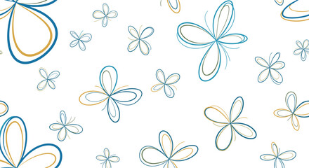 Abstract hand drawn butterfly pattern in blue and gold colors creates a delicate and elegant background for textiles.