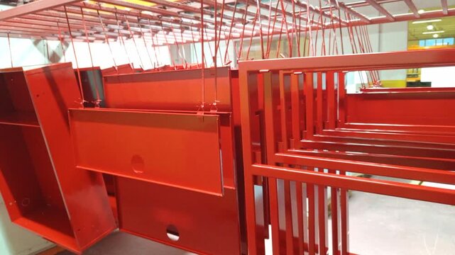 Red powder coated metal cabinets cooling on overhead conveyor in factory