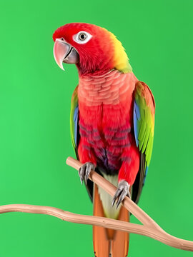Rosella parrot on a stick on a green screen.