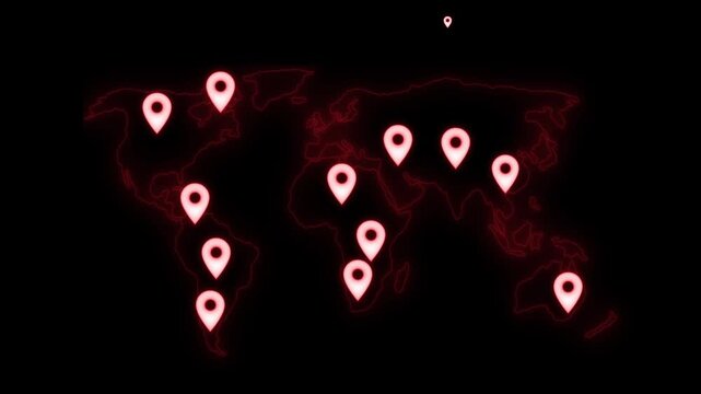 Neon world map with glowing location pins animation on black background