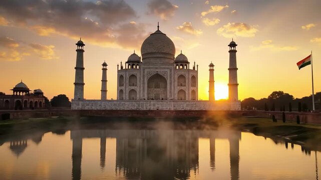 Taj Mahal mausoleum reflection on water during golden hour sunrise with mist and waving Indian flag