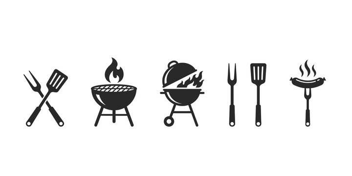 Collection of barbecue grill icons and cooking utensils for outdoor grilling food preparation and enjoyment