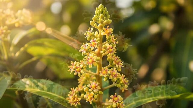 Close-up of mango flower blooming in the spring season, showcasing its vibrant colors and intricate