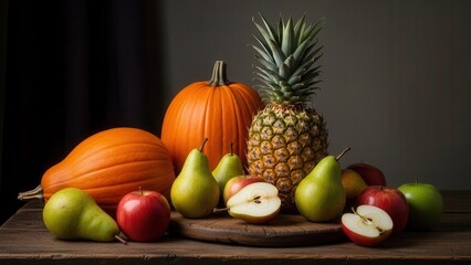 Abundant harvest still life arrangement featuring variety of vibrant fruits and pumpkins on rustic wooden table