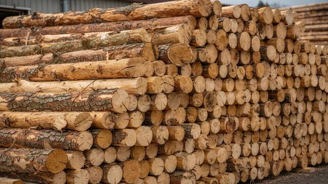 Closeup of mixed species softwood logs carefully sorted by diameter in a log yard emphasizing the diversity in wood types and precise sorting techniques before processing.
