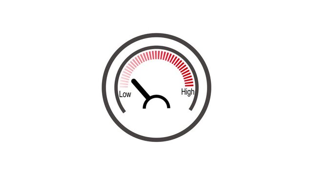 Speedometer Dial with Red and Pink Scale Indicating Low to High Levels on a animated White Background