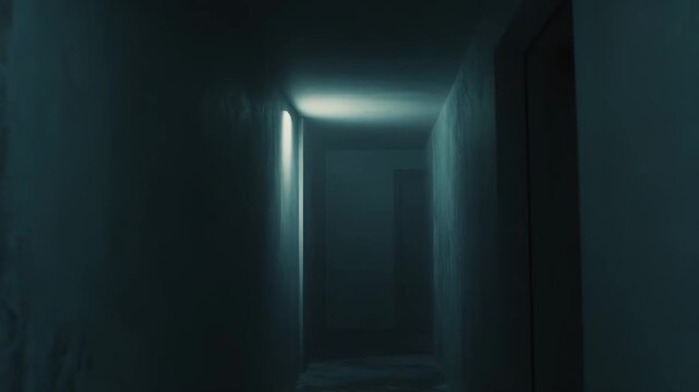 Empty concrete corridor creating a disturbing liminal space, emphasizing feelings of isolation, uncertainty, and suspense with dim, eerie lighting and deep shadows