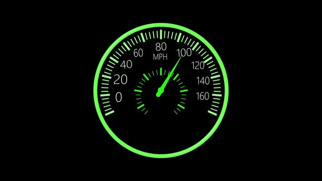 Car speedometer at high speed animation, Circular car speedometer showing about 160 mph animated