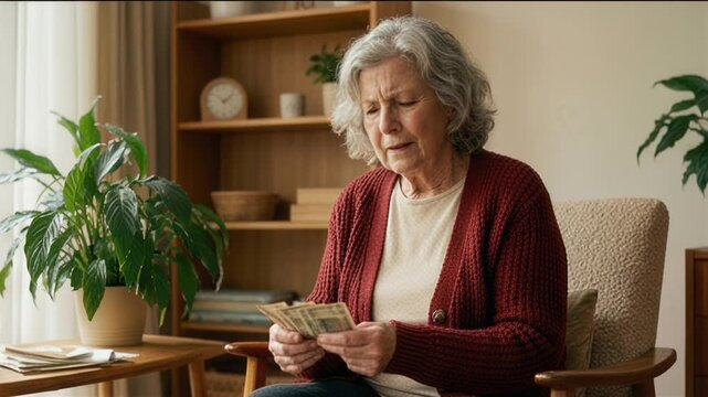 An elderly woman looks at the money in her hands and shakes her head in frustration. Financial problems for the elderly, low pensions, and fraud by scammers