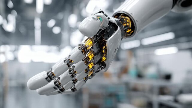 Medium shot of a robotic arm interacting with HR software automating employee data entry and recruitment workflows for streamlined human resources management.