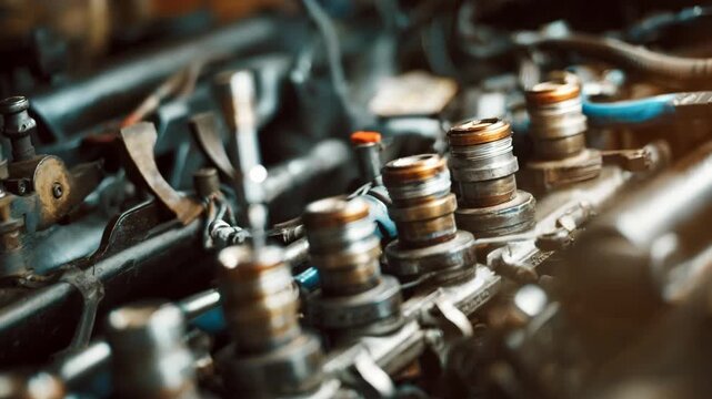 Medium shot of a mechanic finetuning oxygen sensors on a diesel engine focusing on reducing exhaust emissions and improving fuel efficiency.