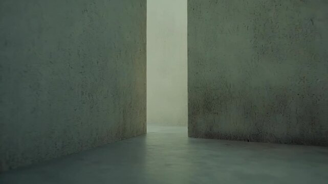 Minimalist architectural space featuring textured concrete surfaces, bathed in natural sunlight creating strong, graphic patterns of light and shadow, defining depth and perspective