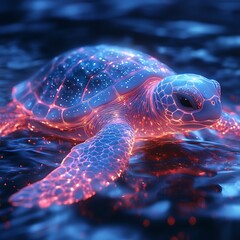 Futuristic glowing turtle in digital ocean high resolution picture