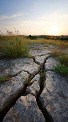 Peaceful sunset landscape view showing deep crack fissure in grey rock surface with green grass growing nearby and bright sunlight horizon in background