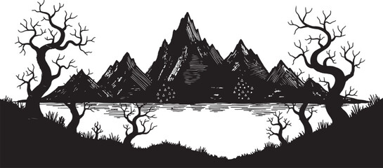 Fototapeta premium mountain range with trees and lake silhouette