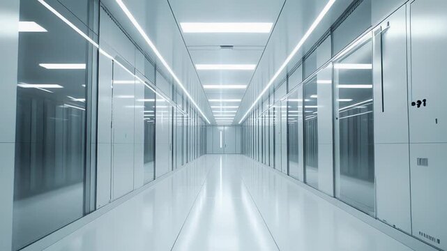 White, clean, and empty corridor providing a sense of endless depth and reflecting future technology, ideal for concepts of innovation, progress, science, and digital infrastructure