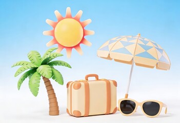 Fototapeta premium Playful summer vacation elements including a palm tree, suitcase, sunglasses, sun, and umbrella captured against a soft blue sky evoking feelings of joy and anticipation for adventures