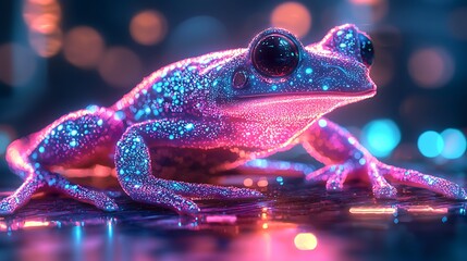 Futuristic holographic frog glowing neon aura high resolution picture