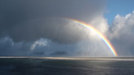 Vibrant rainbow emerges brightly from dark storm clouds over a tranquil ocean surface at the horizon.