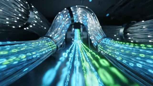 Fiber Optic Cables, Data Stream, Internet Connectivity, Digital Information Transfer