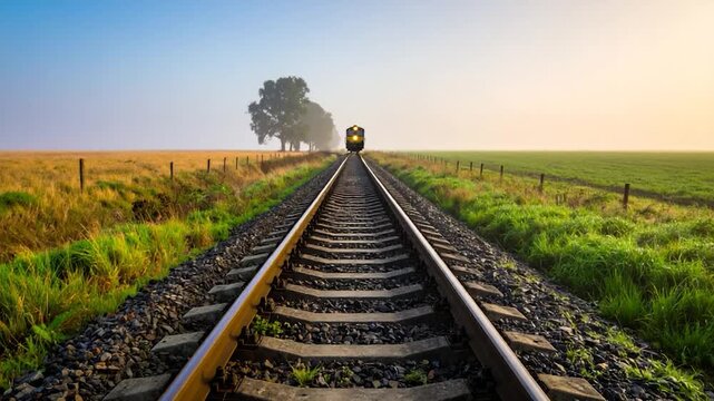 Train on railway tracks receding into misty distance. Grassy fields and sky