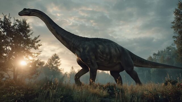 4K Majestic longnecked dinosaur brachiosaurus or brontosaurus type walking through a prehistoric landscape at sunset with dramatic clouds video