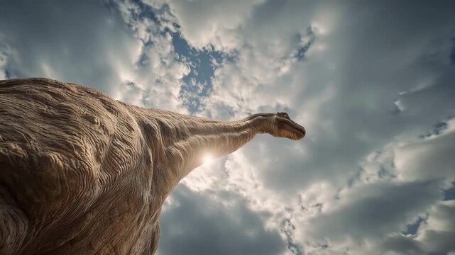 4K Majestic brachiosaurus dinosaur looking up at dramatic cloudy sky with textured skin detail, prehistoric creature view from below video