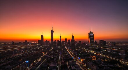 Fototapeta premium City skyline at sunset with skyscrapers.