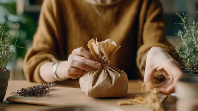 Medium shot of hands wrapping clothing in cornstarch biodegradable packaging highlighting ecofriendly plantbased sustainability.
