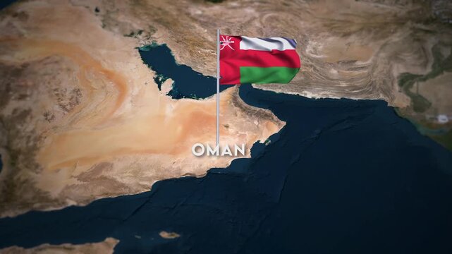 The Flag of Oman on the World Map, the Oman flag waving on the 3d map animation 4K