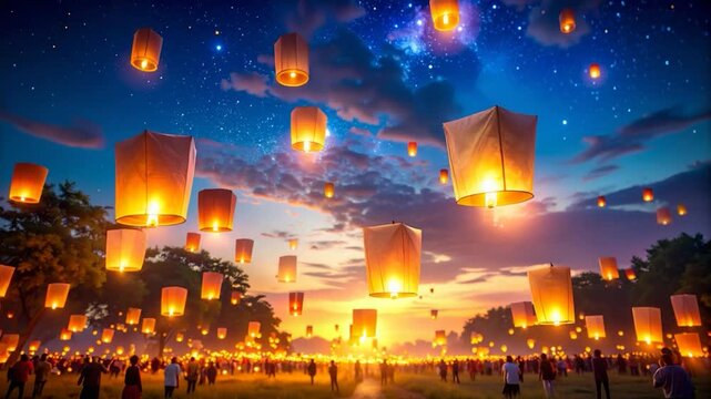 Evening view of people releasing floating lanterns under a starlit sky